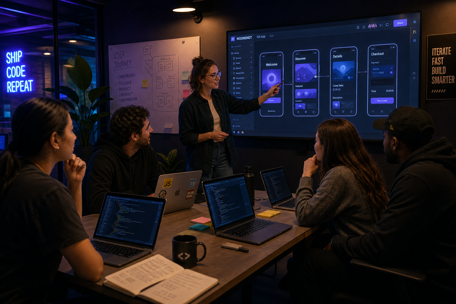 The Aprosoft team reviewing a product design together