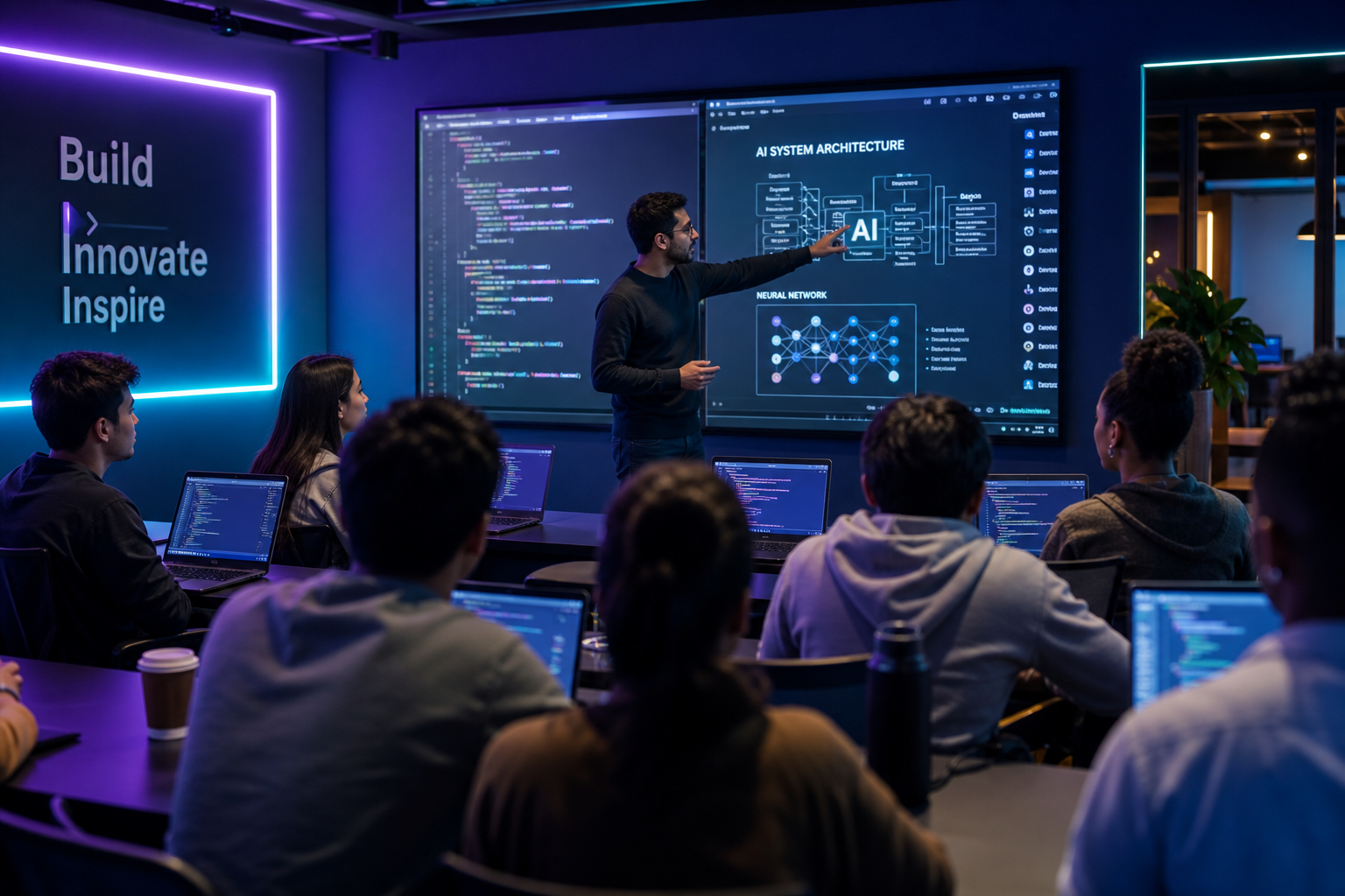 Students learning AI and software development at Aprosoft Academy